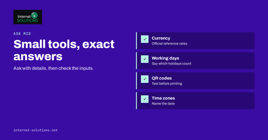 Ask Mio Everyday Tools: Currency, Working Days, Holidays, QR Codes
